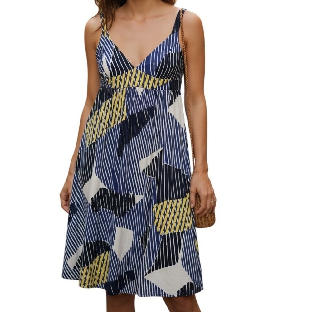 Banana Republic Dress 6P Geometric Navy Yellow Fit‎ Flare Sleeveless Work Casual